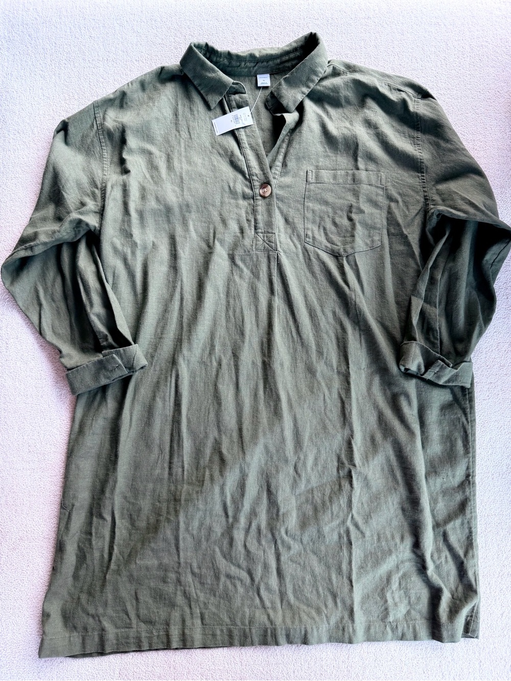Old Navy Womens XL Linen Blend Shirt Shift Dress Olive Green Long Sleeve NWT